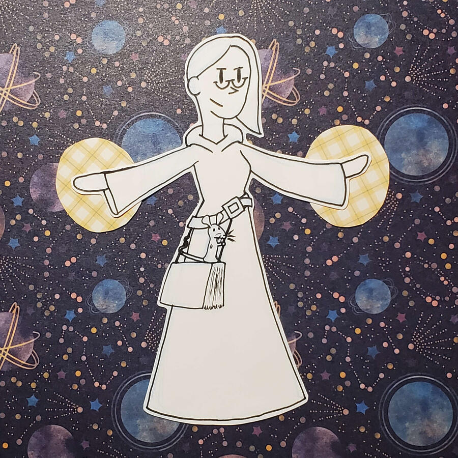 Mage - traditional pen and ink with patterned paper background.